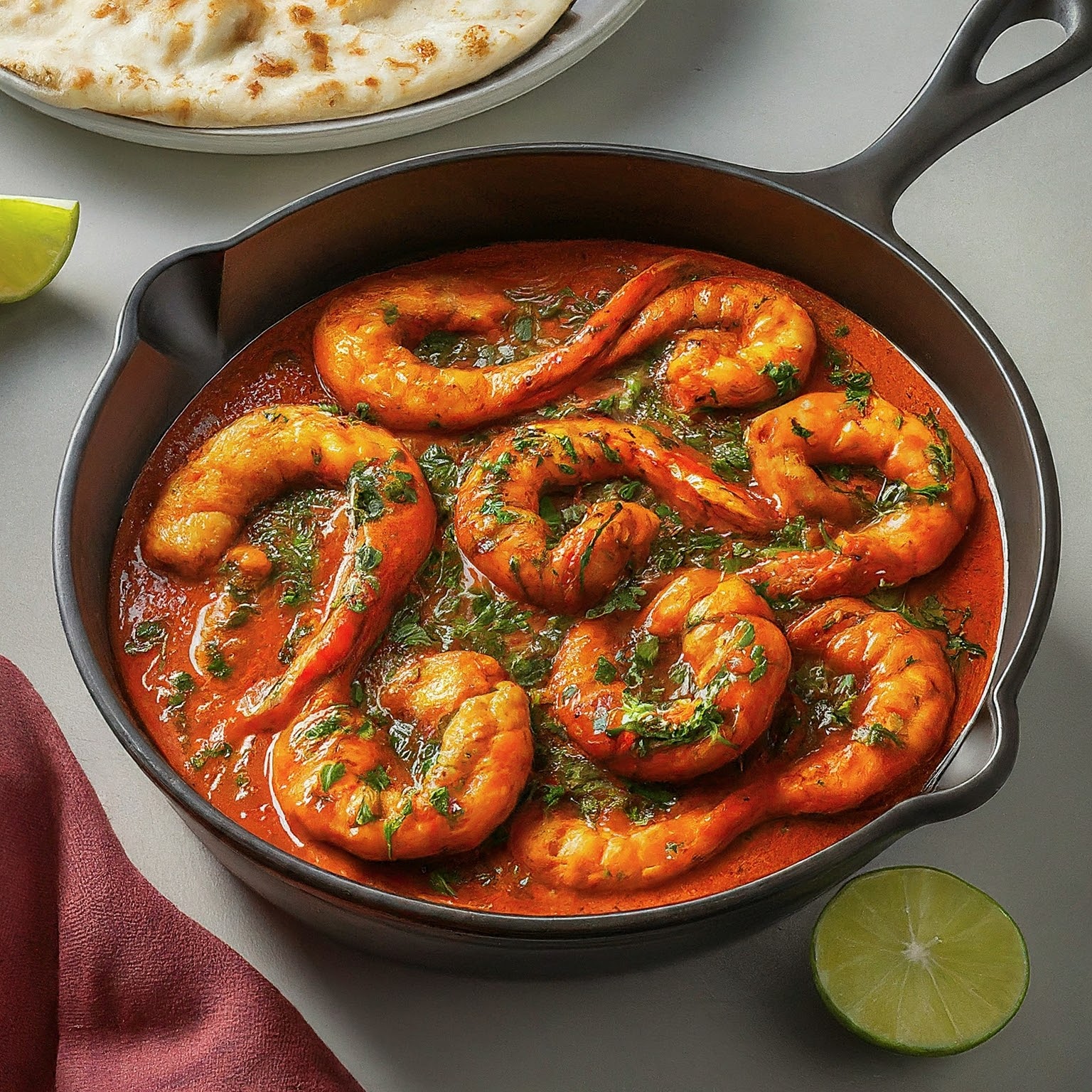 A close-up of a cast iron skillet filled with Andhra Spicy Prawn Iguru, a dish with prawns in a fiery red gravy.