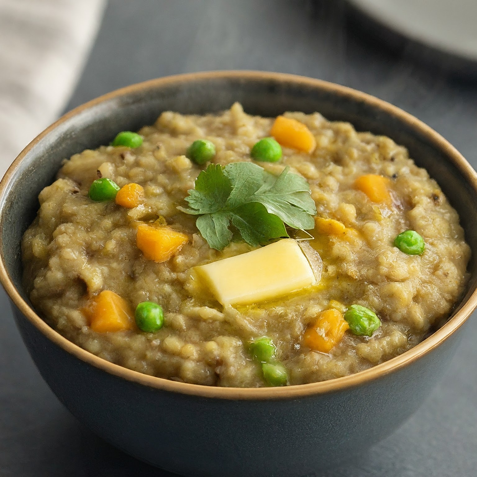 Steaming bowl of Bajra Khichdi, an Indian dish with pearl millet, lentils, vegetables, cilantro, and ghee.