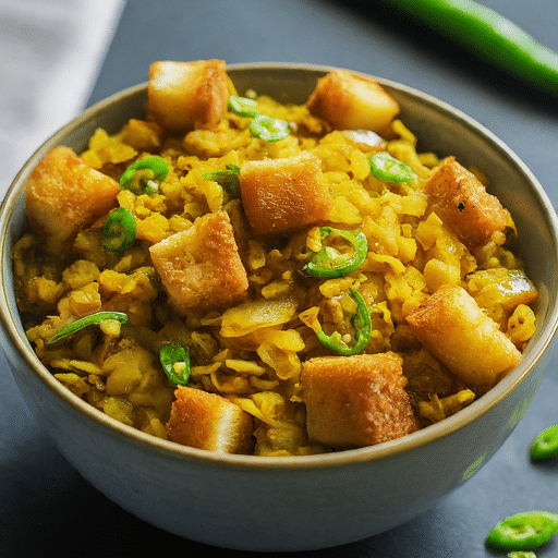 Bread breakfast dish with cubed bread in masala veggies