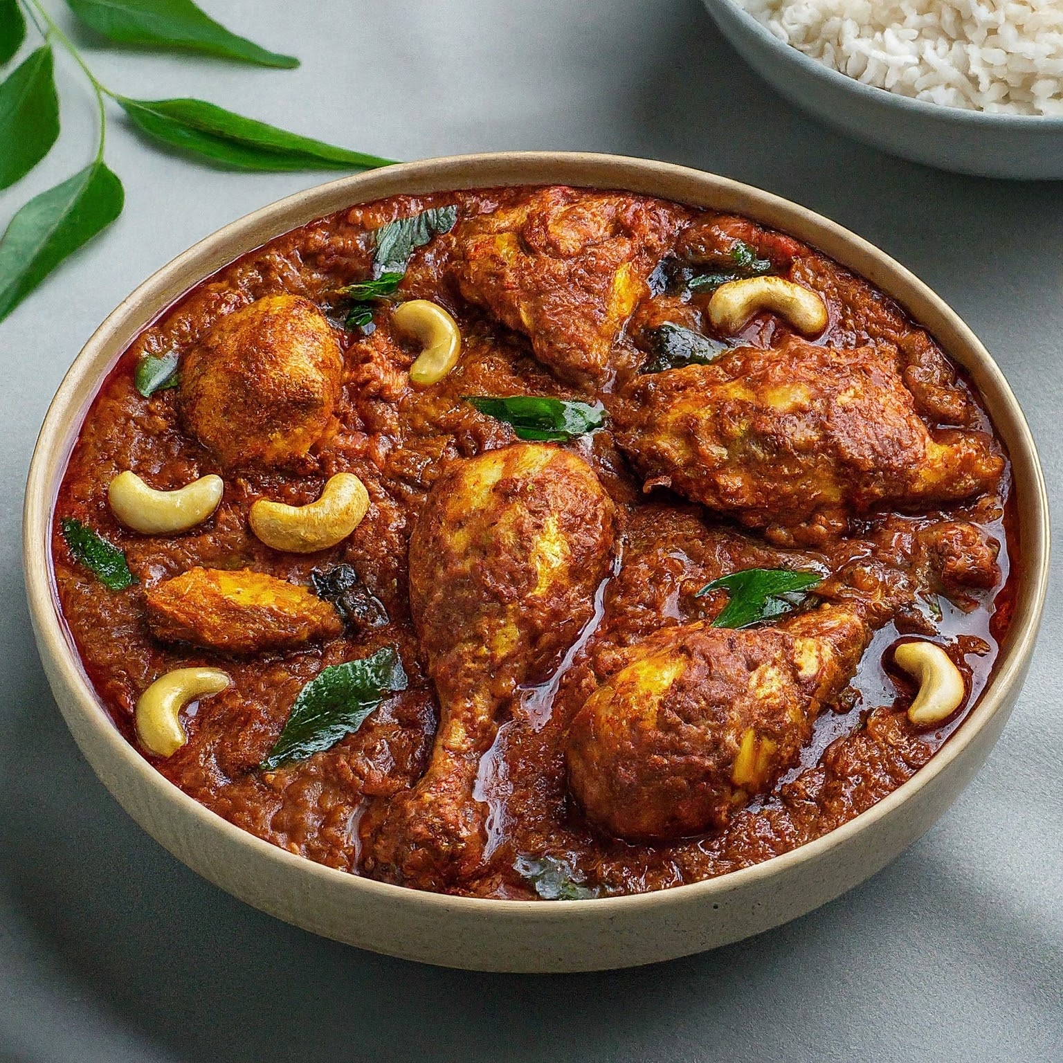A delicious and flavorful Chettinad Chicken dish with tender chicken pieces in a deep red masala, served with rice.