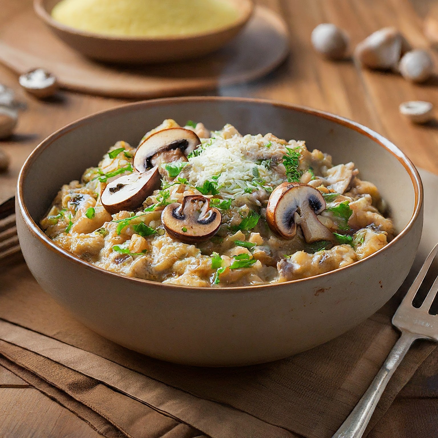 Creamy Millet and Mushroom Risotto in a bowl with sauteed mushrooms, herbs, and parmesan cheese.