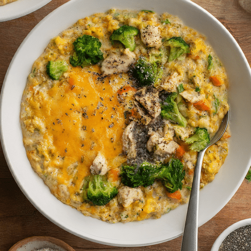 Creamy oatmeal packed with colourful chopped veggies and a cheesy topping