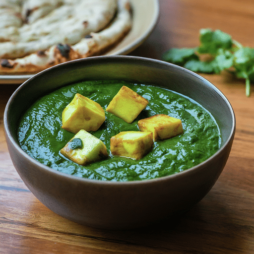 Creamy spinach curry with chunks of soft Indian cottage cheese