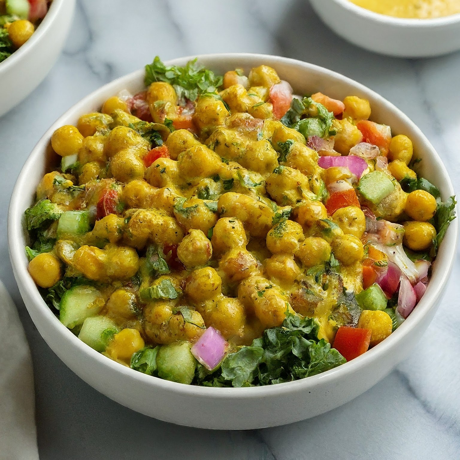 Bowl of curried chickpea salad with golden chickpeas, chopped vegetables, herbs, and creamy dressing.