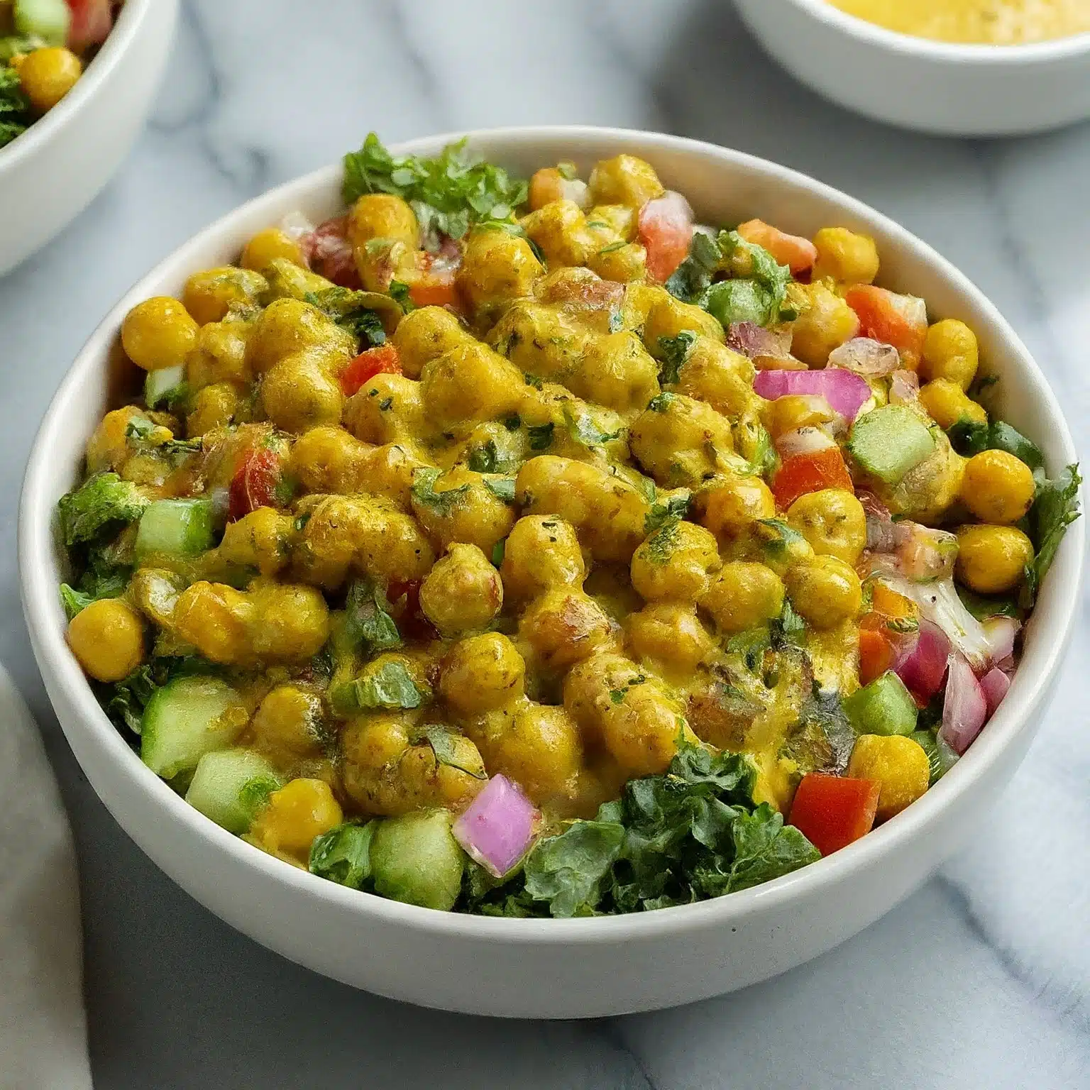 Bowl of curried chickpea salad with golden chickpeas, chopped vegetables, herbs, and creamy dressing.