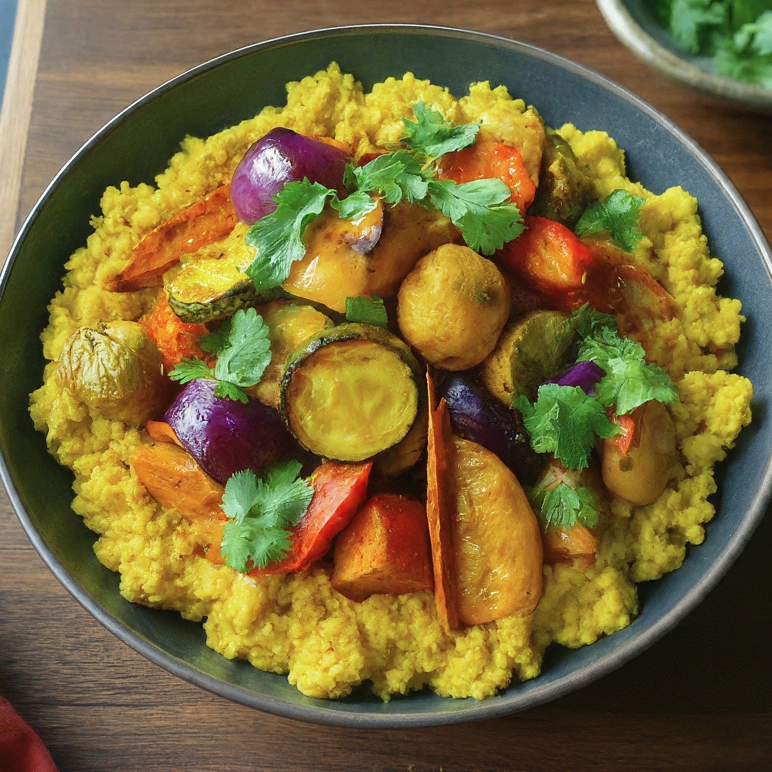 A dish of curried millet with roasted vegetables and fresh cilantro.