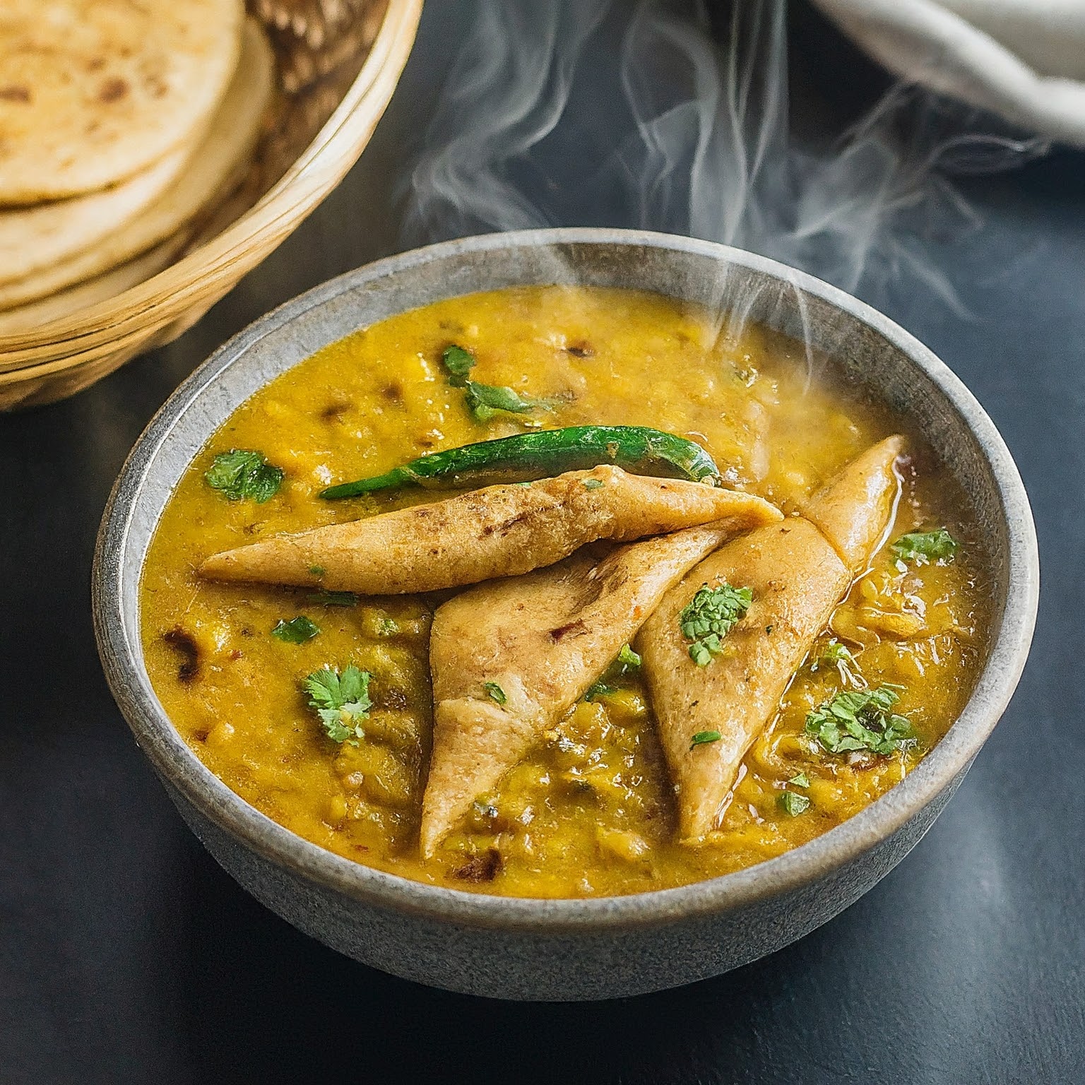 A steaming bowl of Dal Dhokli, a flavorful Gujarati dish with lentil stew and dumplings.
