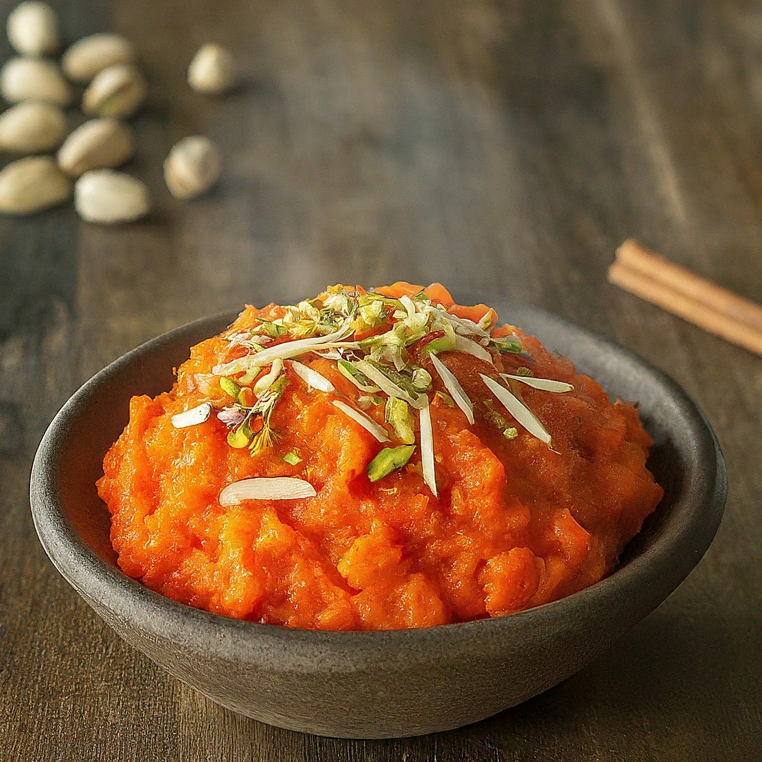 A delicious serving of Gajar Halwa, a sweet carrot pudding dessert from India.