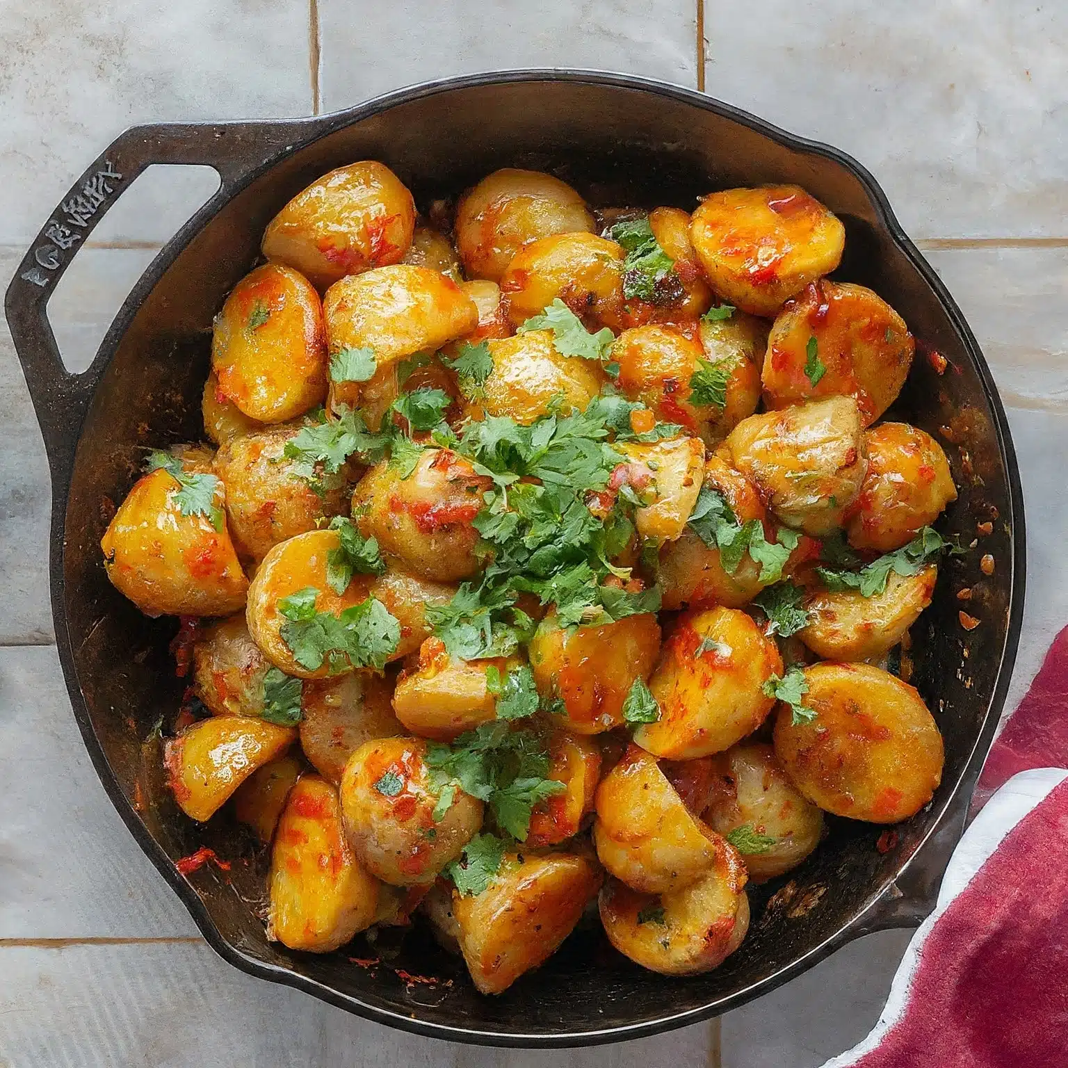 Skillet of crispy Garlic Chili Potatoes with a garlicky chilli sauce and cilantro garnish.