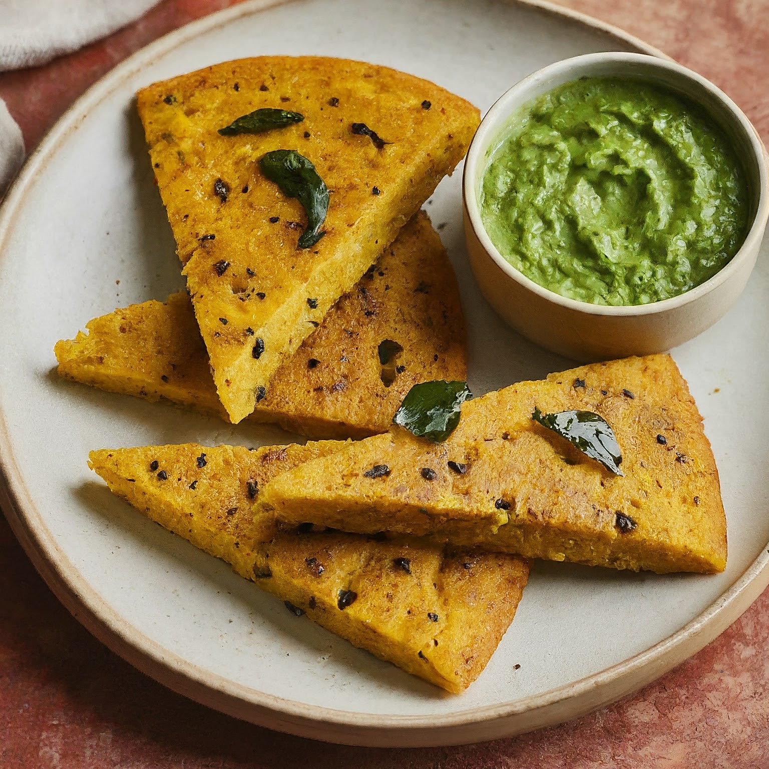A golden brown Handvo lentil cake cut into wedges on a plate with green chutney.