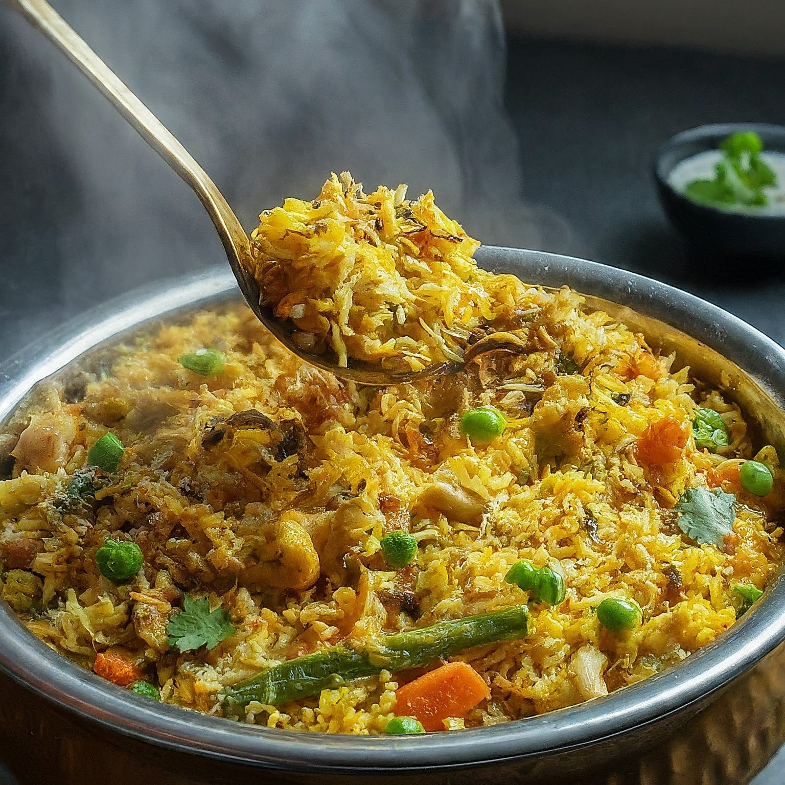 A Hyderabadi Vegetable Biryani with fluffy rice, colourful vegetables, and fragrant spices