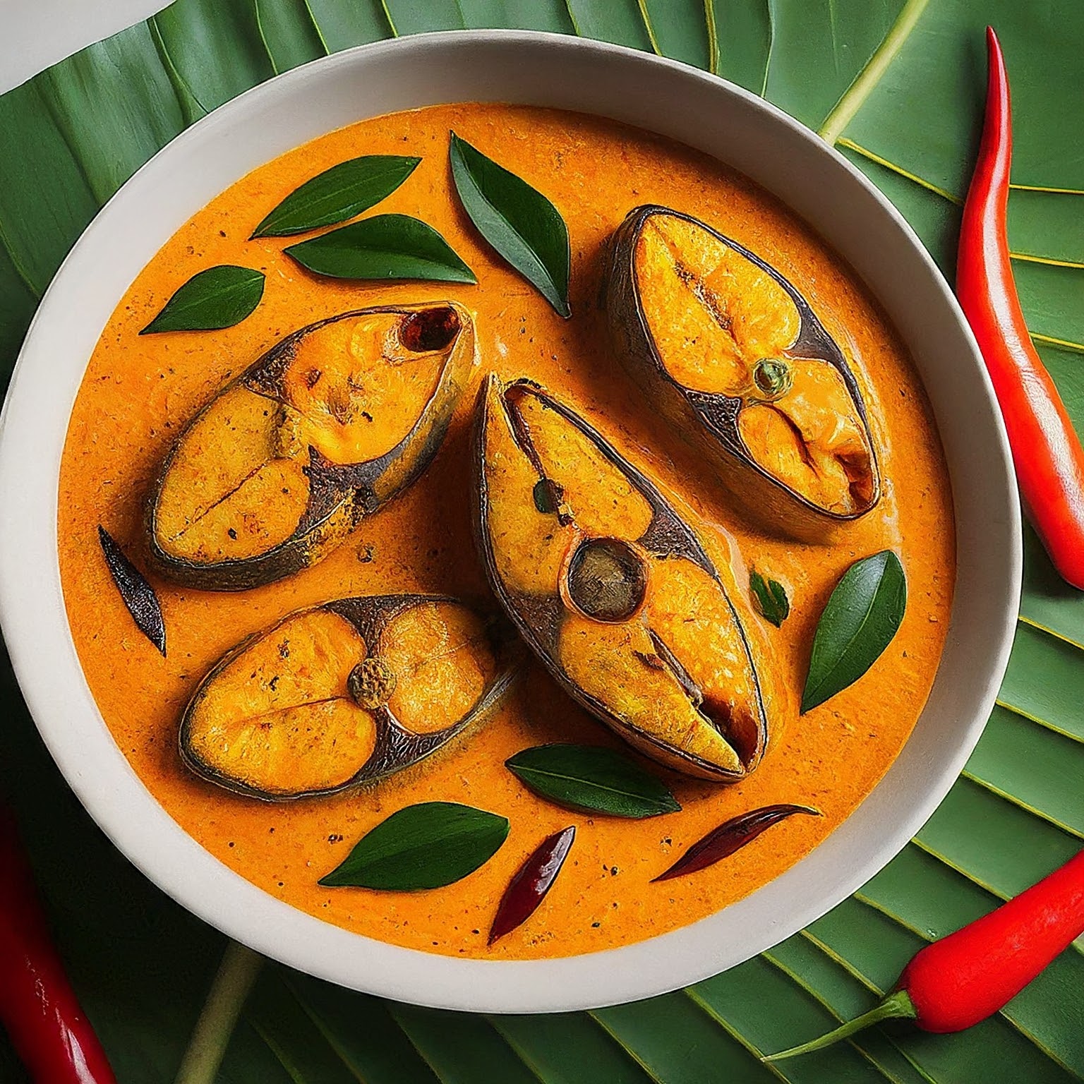 A close-up of a rustic bowl overflowing with Kerala-style fish curry, which includes fish, chilies, and curry leaves.