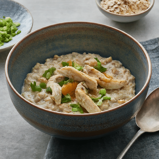 Luscious porridge made with oats shredded chicken and warm seasonings