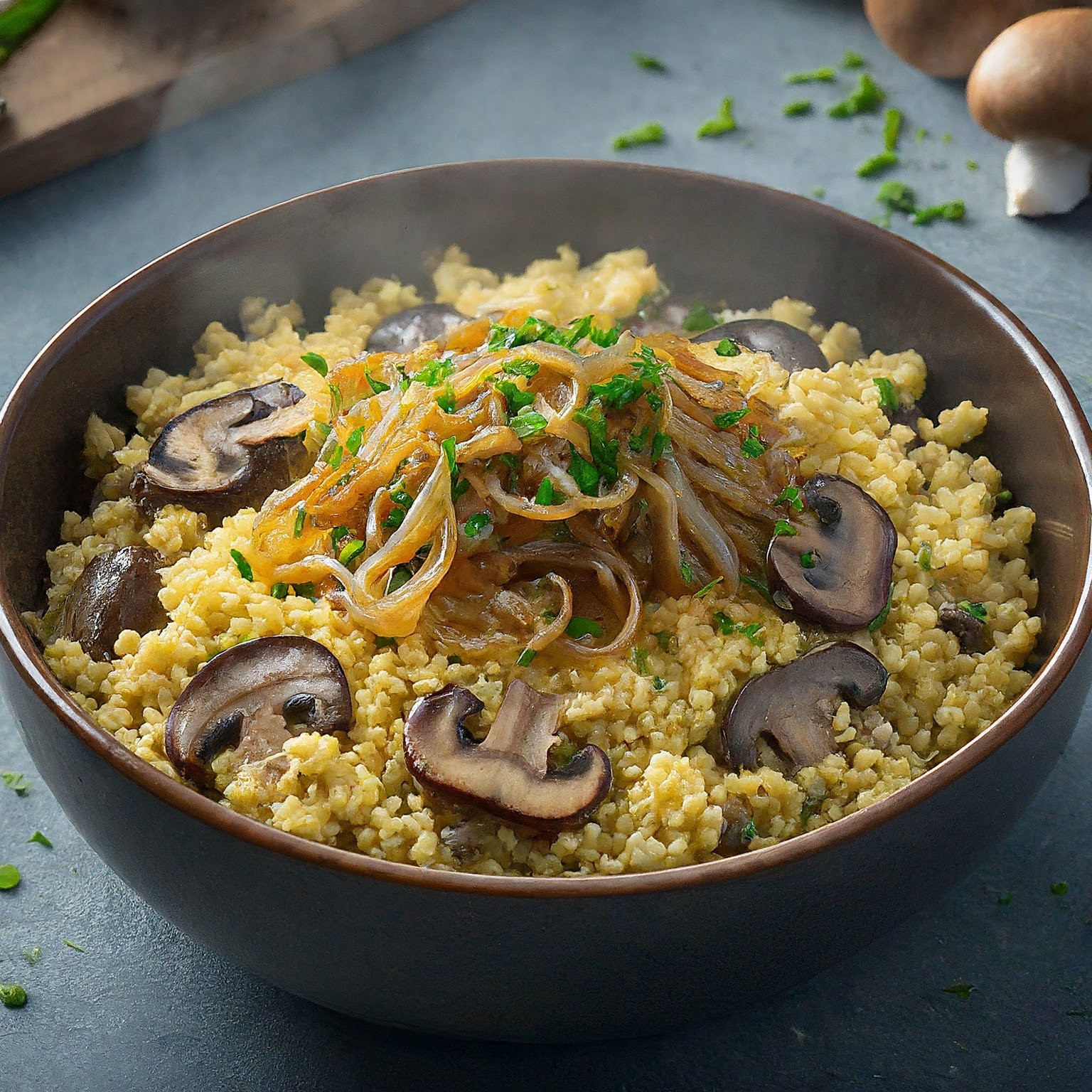 Steaming dish of Millet Pilaf with golden brown millet, caramelised onions, sauteed mushrooms, and fresh herbs.