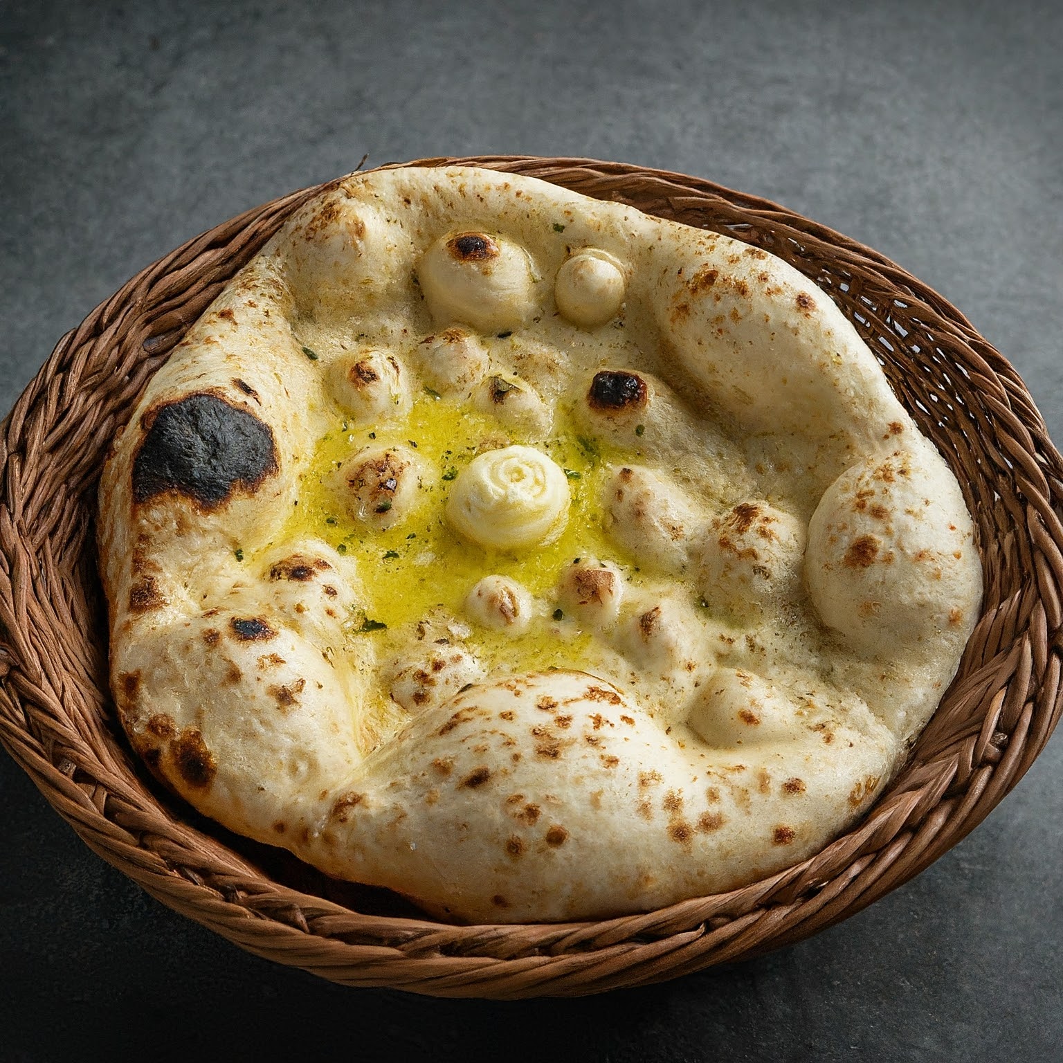 A delicious, fluffy naan bread perfect for scooping up curry or enjoying on its own.