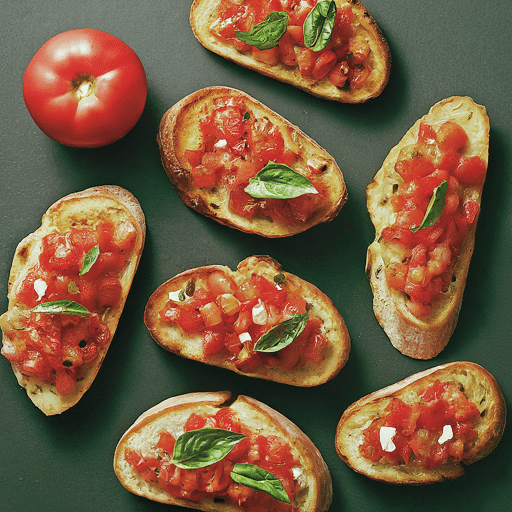 Open faced appetizer with toasted bread tomatoes herbs