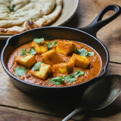 A close-up of a pan filled with Paneer Butter Masala, a vegetarian Indian curry with paneer in a creamy tomato sauce.
