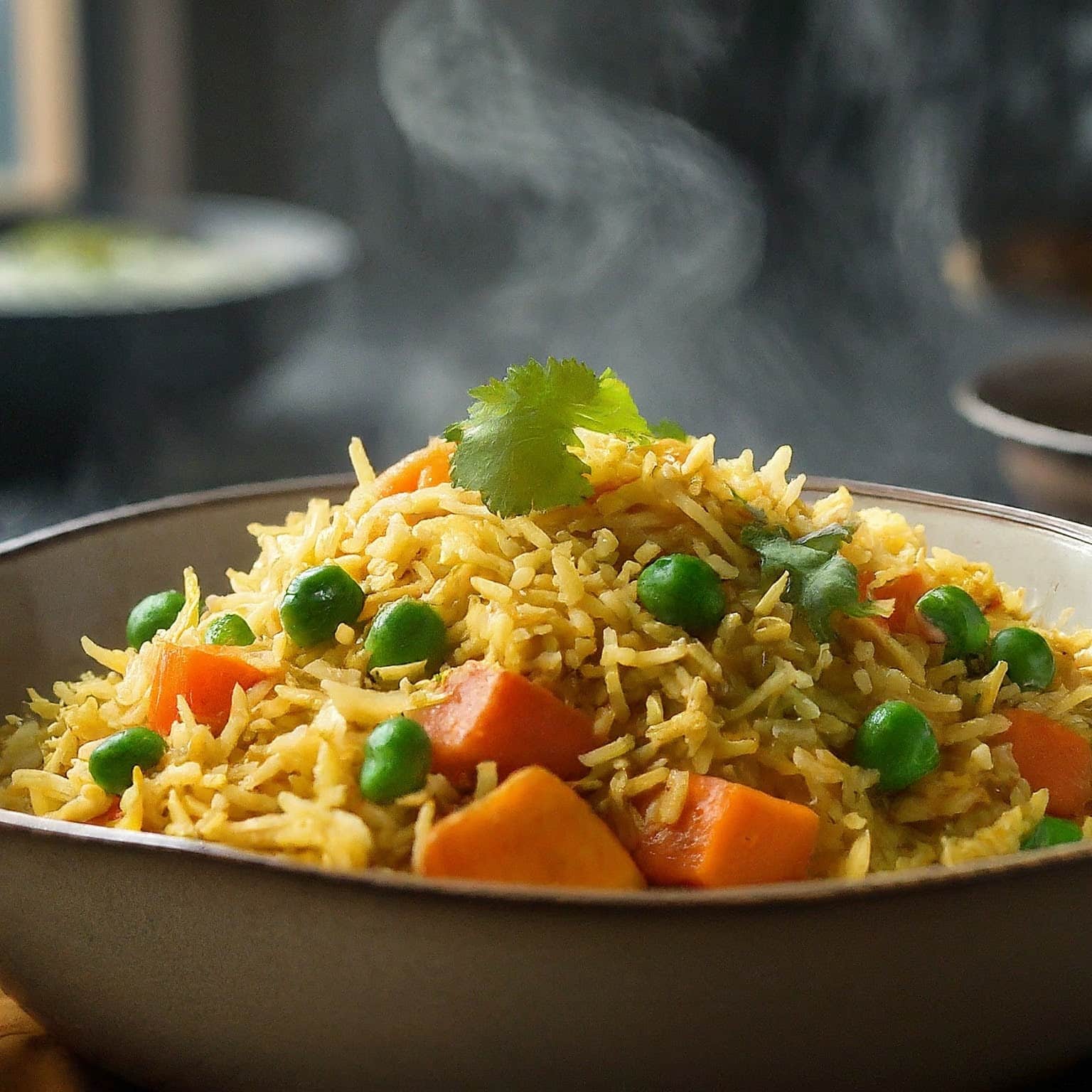A delicious and colorful dish of Pulao, a fragrant Indian rice dish with vegetables and spices.