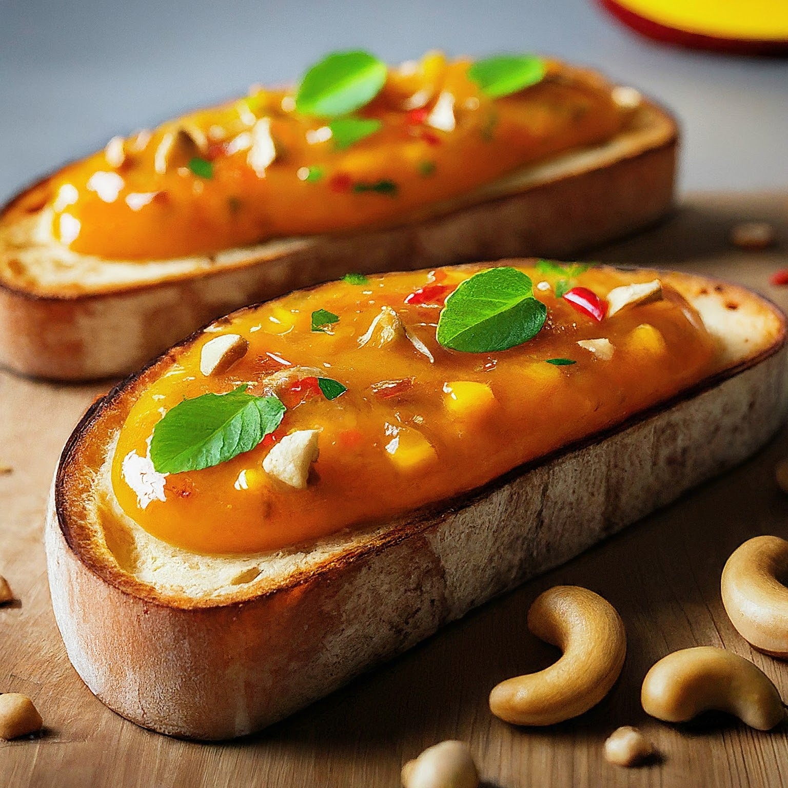 Two slices of bread topped with colourful mango chutney, toasted nuts, and a mint leaf.