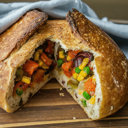 Savoury bread loaf filled with colourful vegetables