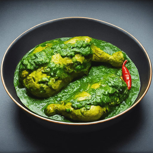 Tender chicken cooked in a spiced spinach gravy