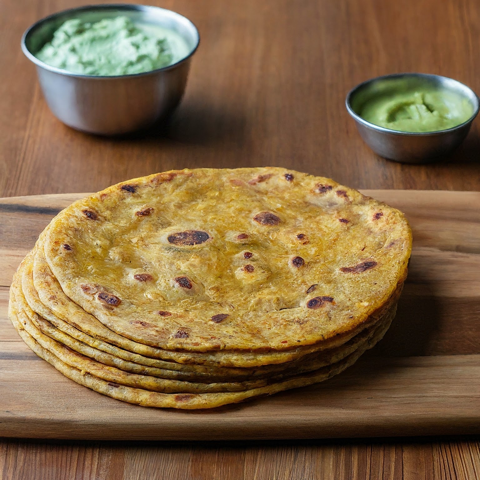 A golden brown thepla, a flatbread from Gujarat, India, with flecks of fresh fenugreek leaves
