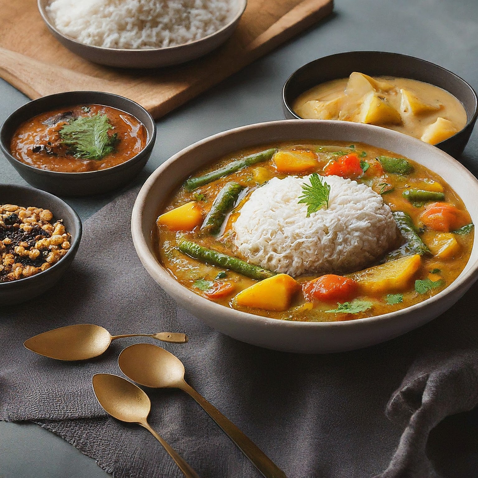 A delicious and healthy meal of vegetable sambar with steamed white rice garnished with fresh coriander leaves.