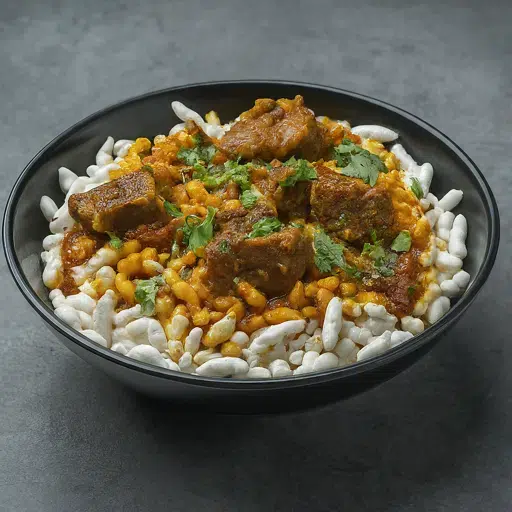 What Is Odisha’s Famous Food? 20 Must-Try Dishes 19 Mudhi Mansa served with puffed rice and spicy mutton curry garnished with coriander