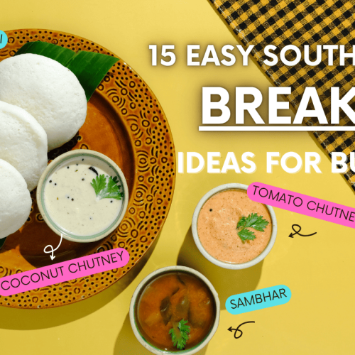 Illustration blog cover of 15 breakfast ideas featuring steamed idlis and sides