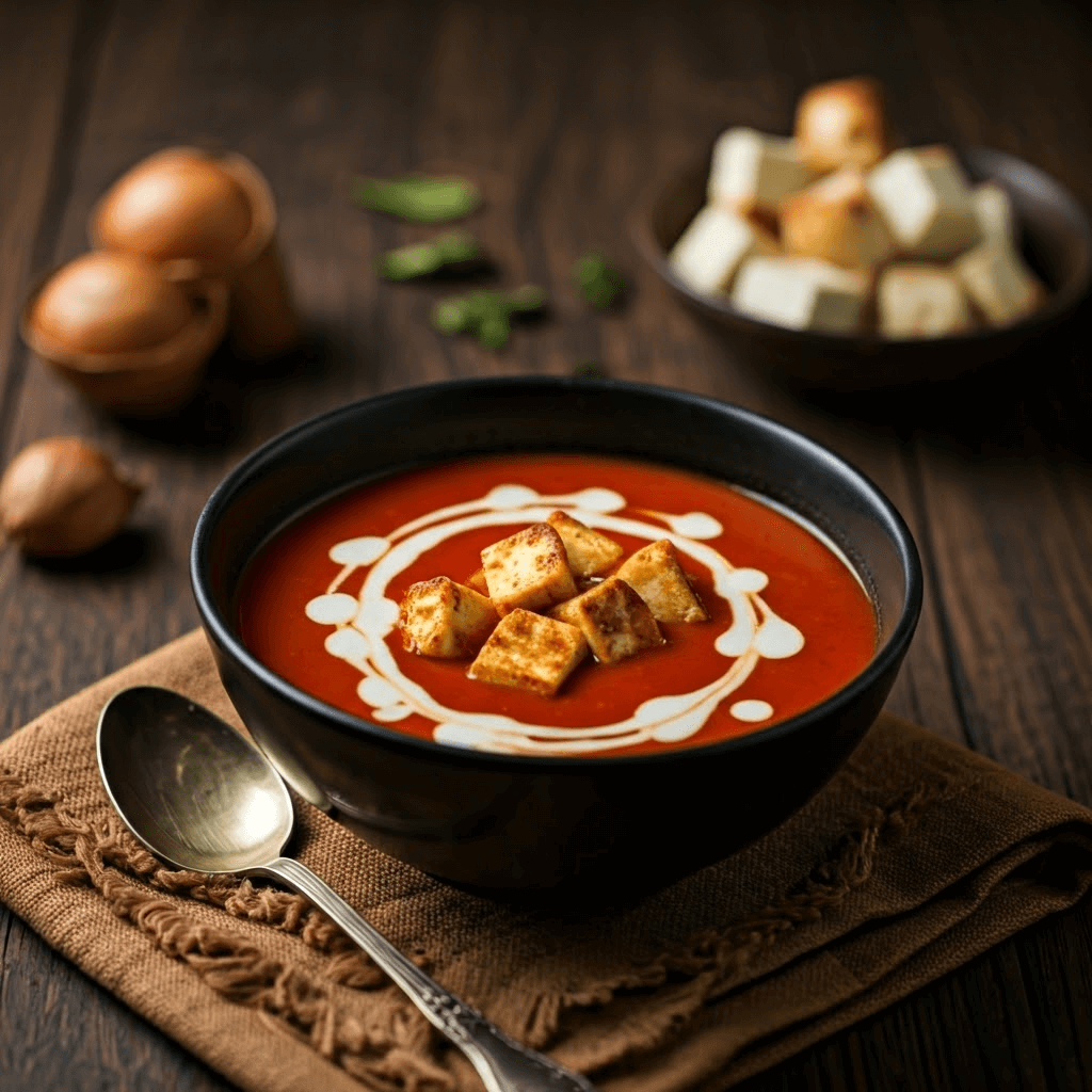 Creamy tomato soup with paneer cubes