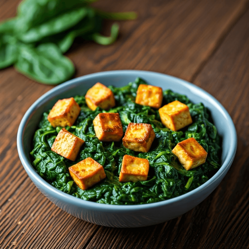 Palak tofu in a bowl