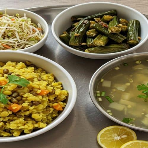 20 Must-Try Healthy Dinner Recipes Indian for Weight Loss 15 Healthy Indian dinner spread for weight loss featuring moong dal khichdi saut ed bhindi sprouts salad clear soup grilled chi