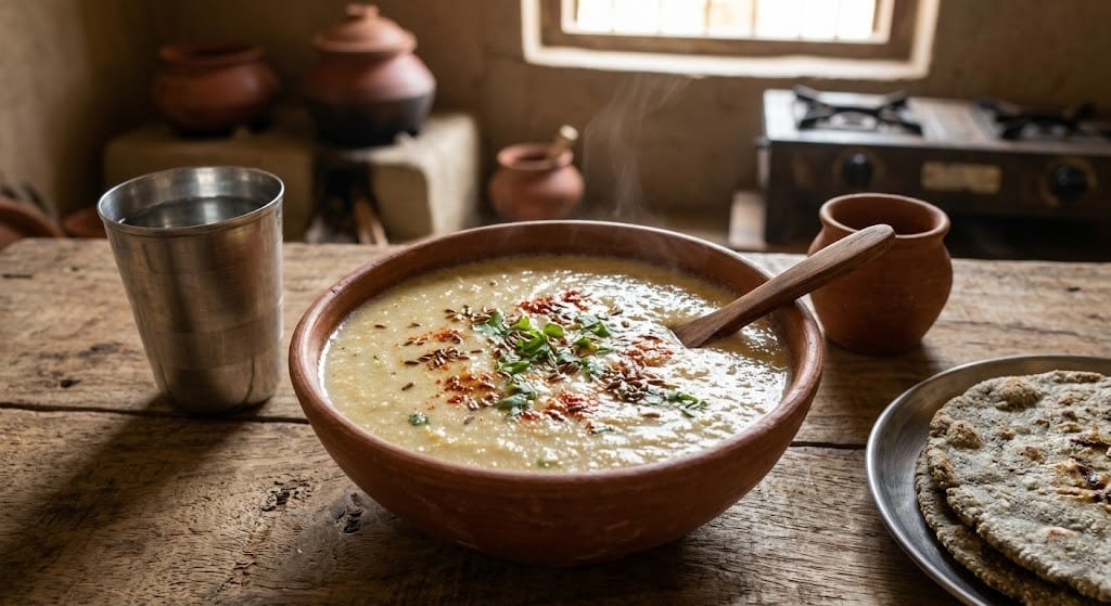 What Are the Most Popular Rajasthan Famous Food Dishes? 15 A bowl of Makki Ki Raab an Indian fermented maize drink garnished with spices and herbs served in a rustic earthenware pot
