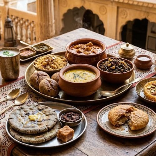 What Are the Most Popular Rajasthan Famous Food Dishes? 58 A traditional Rajasthani feast including Dal Baati Churma various curries and rotis served in earthenware and brass on a wood