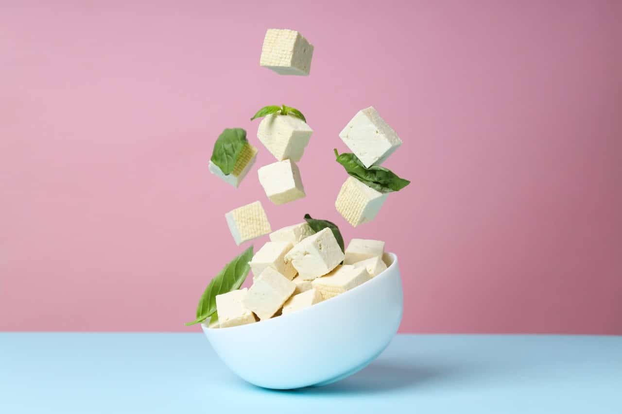 Cubes of paneer flying in air