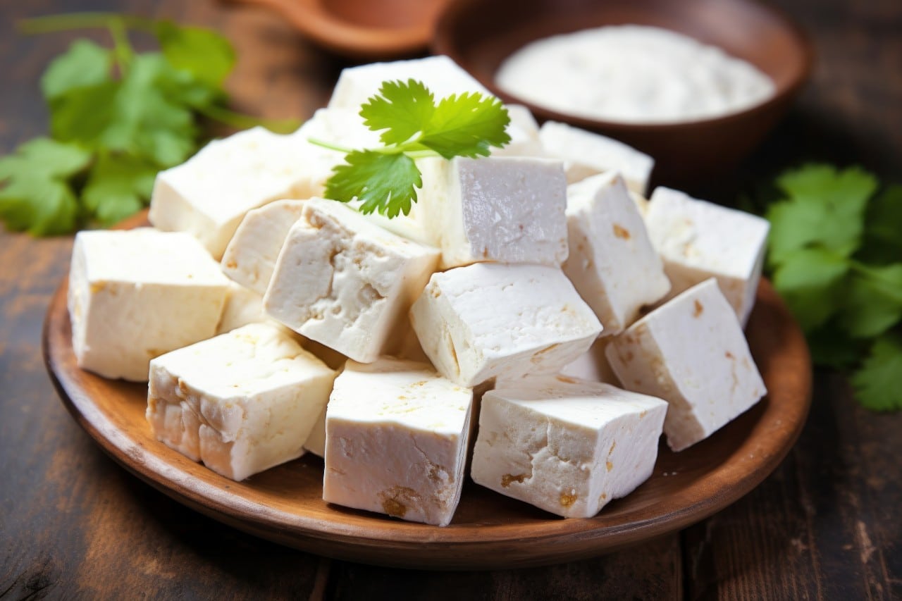 Paneer cubes in a bowl dressed with corriander