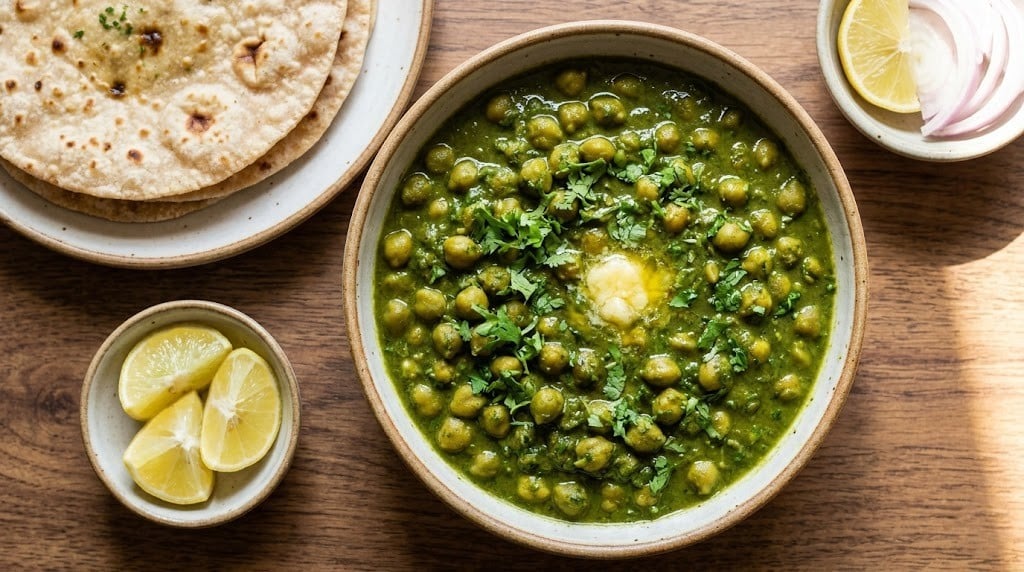 What Are the Famous Food of Haryana You Must Try? 3 Hara dhania cholia with green chickpeas and fresh coriander traditional Haryanvi seasonal dish