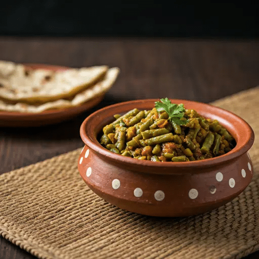 What Are the Famous Food of Haryana You Must Try? 2 Singri ki Sabzi served in a clay bowl with roti traditional Haryanvi vegetable dish
