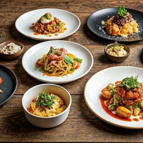 Spread of diverse European cuisine