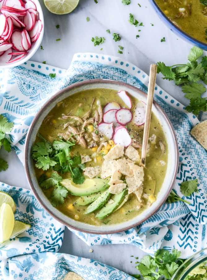 A bowl full of Summer Corn Tortilla Soup