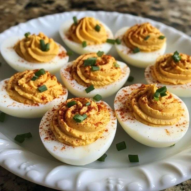 A picture of deviled egg seasoned with chilly powder