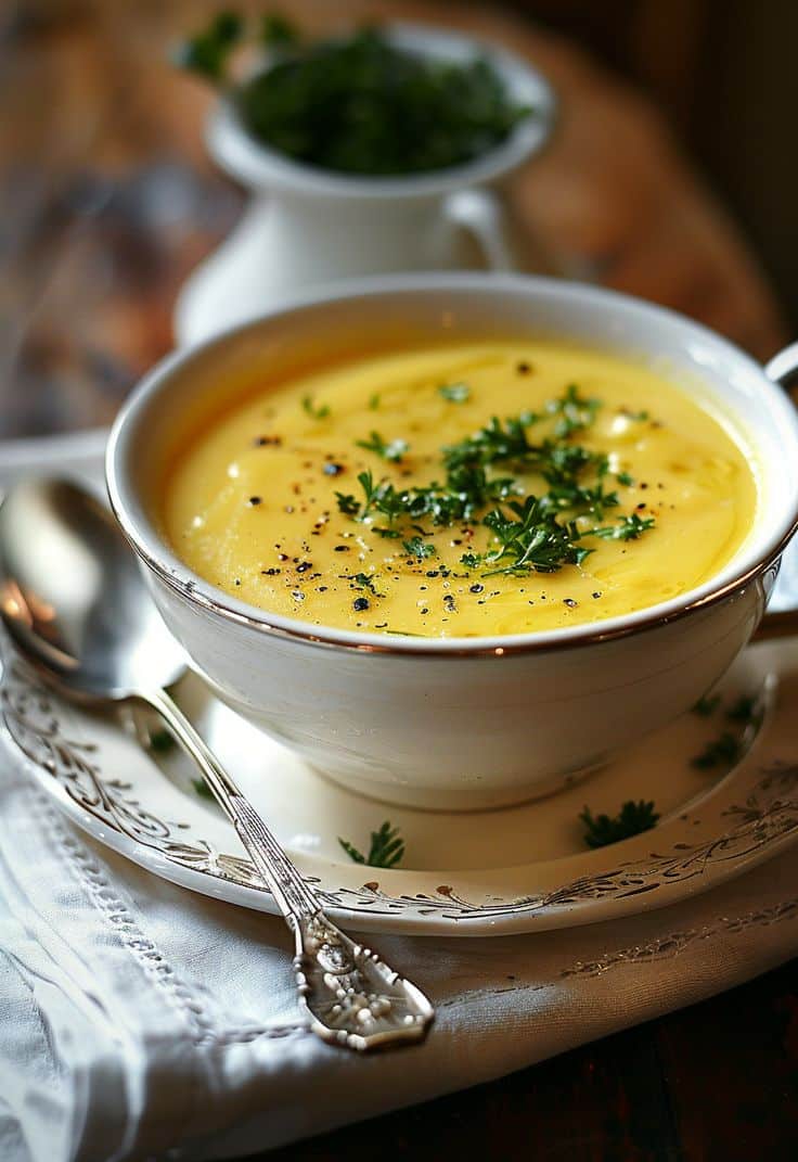 A saucer spoon and bowl full of Summery Orzo Soup