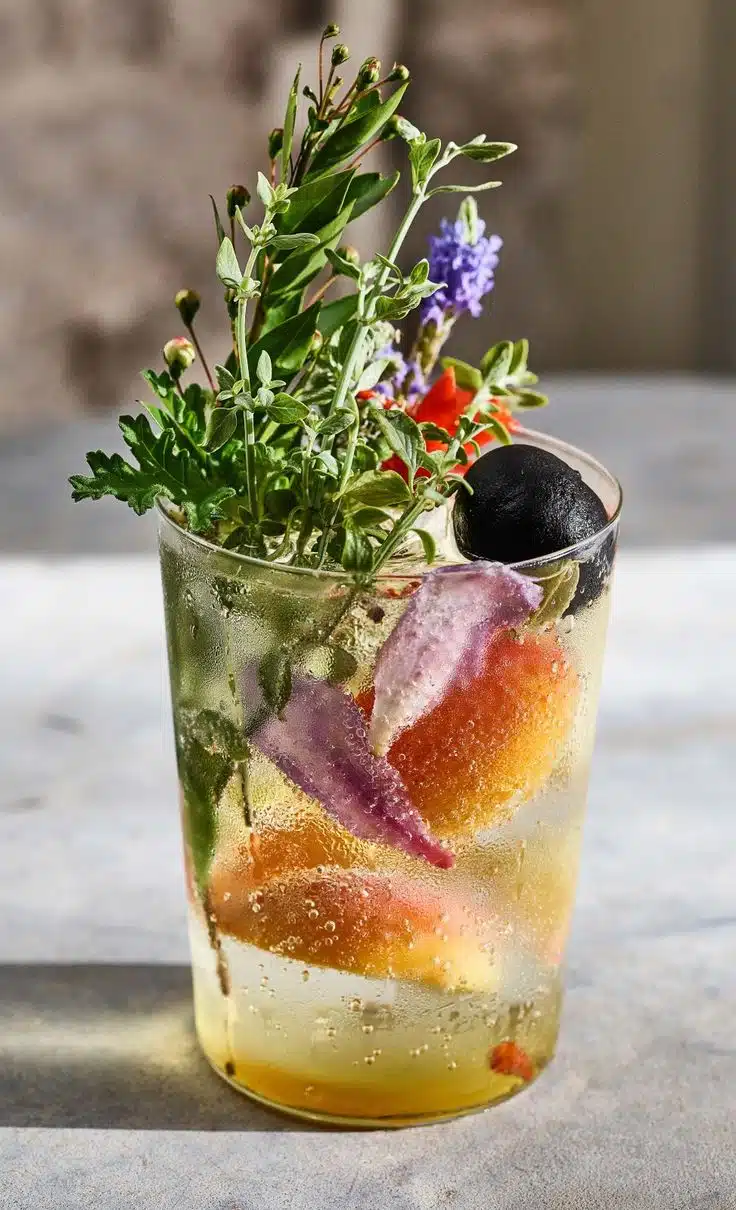 A summer drink infused with herbs fruits and florals