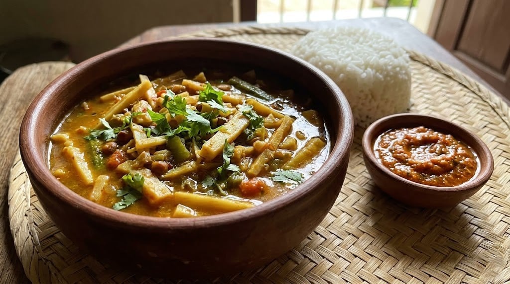 What Are the 20 Must-Try Chhattisgarh Famous Food Dishes? 1 Aamat a traditional bamboo shoot curry from Chhattisgarh with tangy and earthy flavours