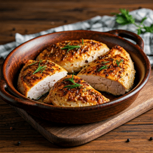 Baked split chicken breasts in dish 
