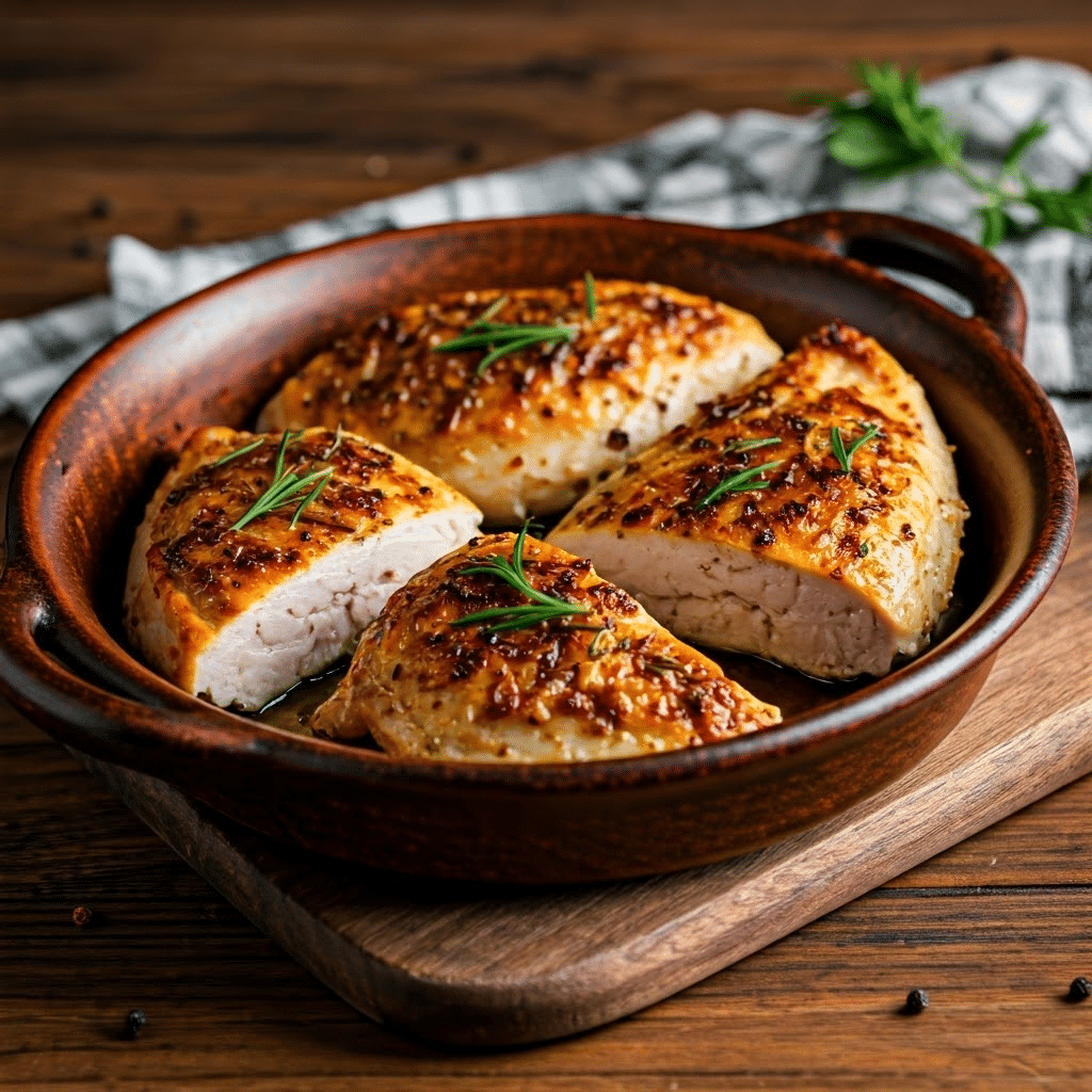Baked split chicken breasts in dish 