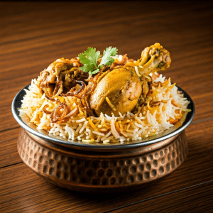 Chicken biryani served elegantly