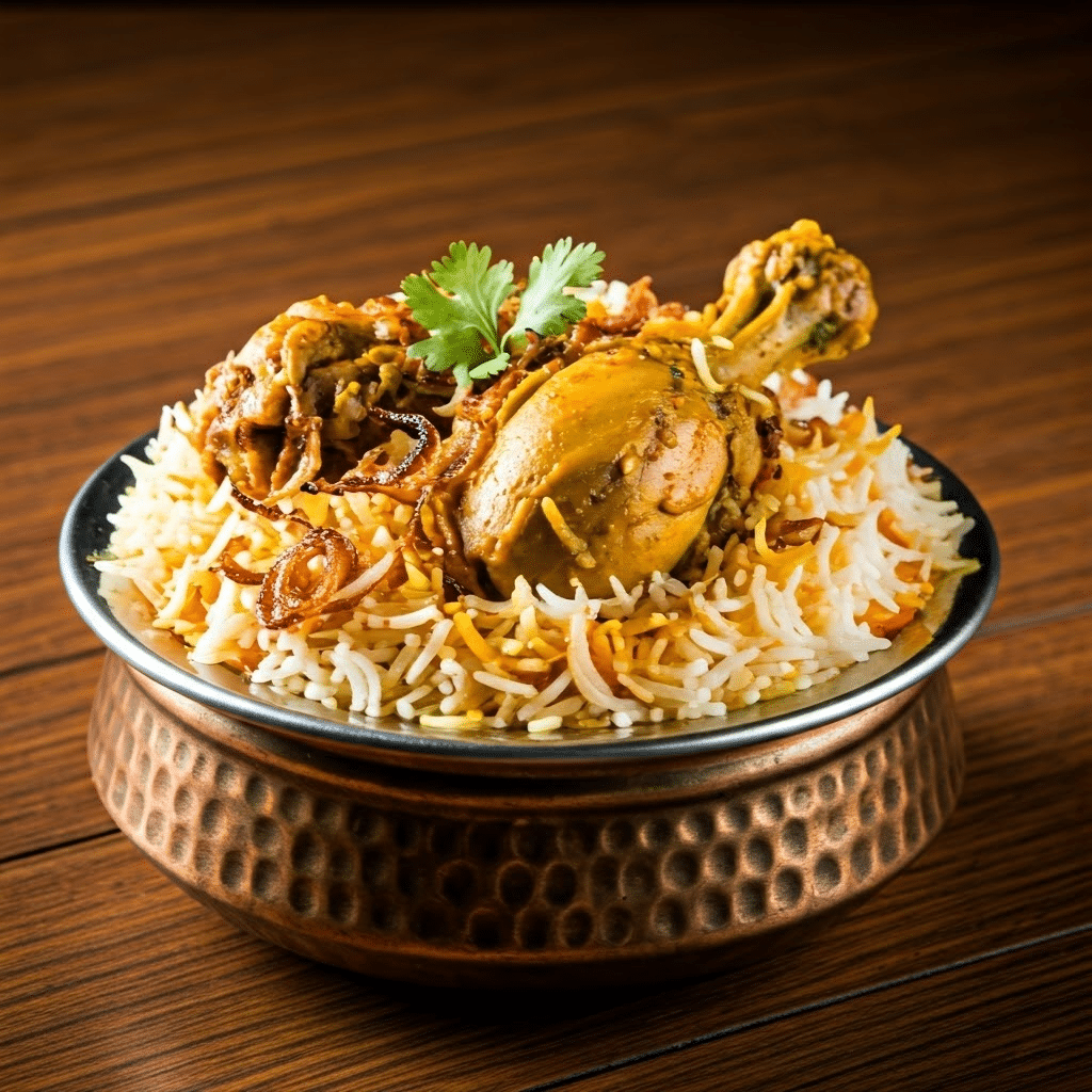 Chicken biryani served elegantly