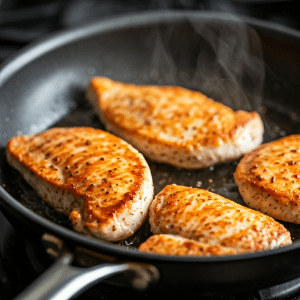 Chicken cooking in skillet 