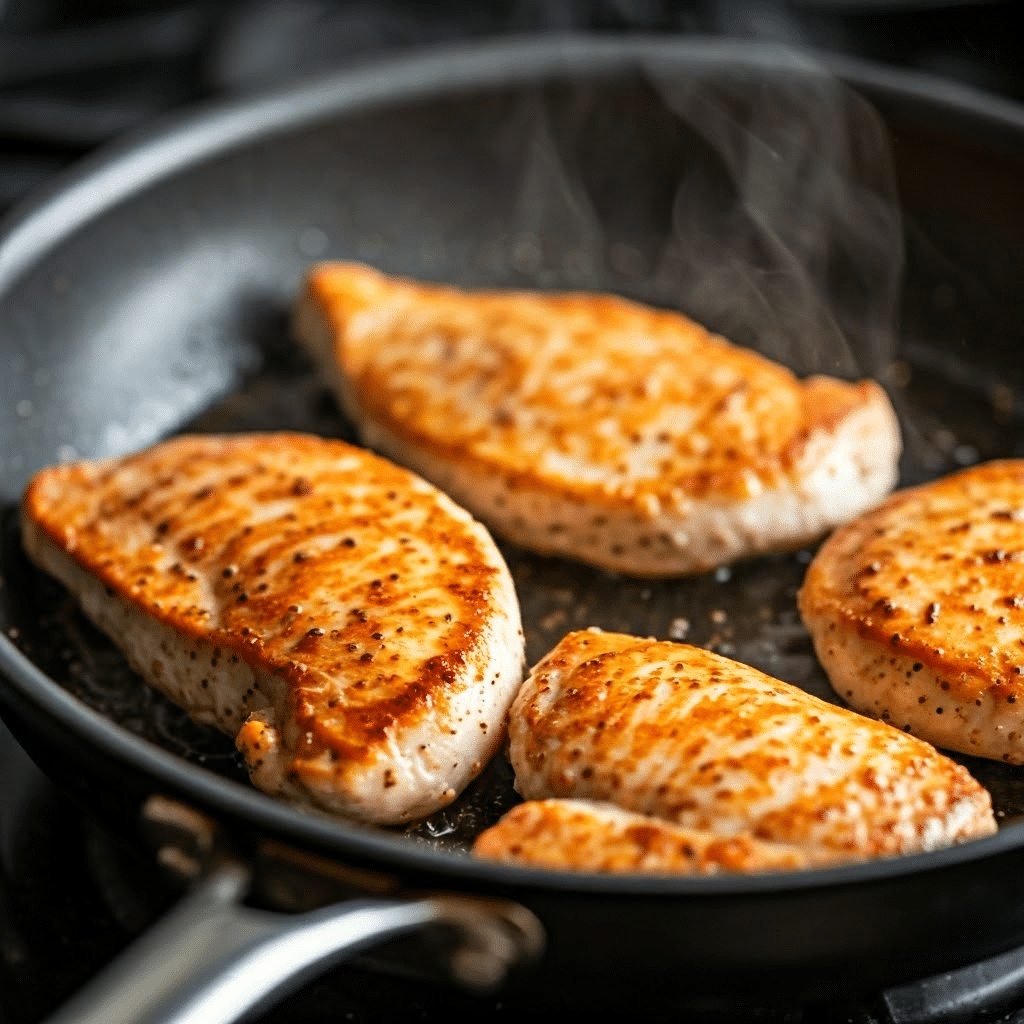 Chicken cooking in skillet 